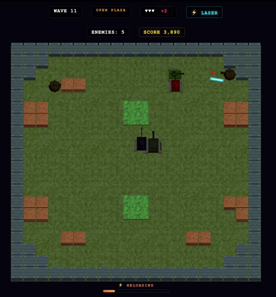 Laser weapon cutting through a swarm of enemy tanks